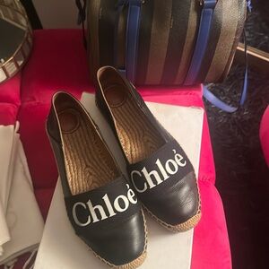 Authentic Chloe Woody Black Leather Espadrille - Size 38